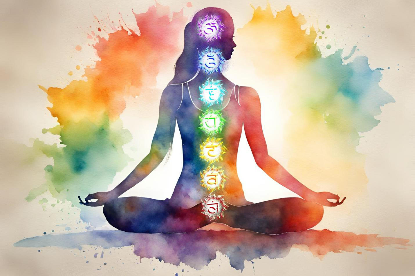 watercolor of woman meditating and chakras glowing